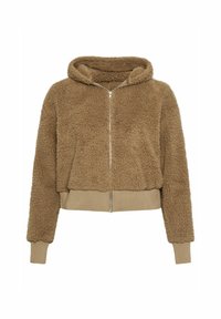 Brun, kort zip-up hoodie gjord av mjuk konstfår med huva och ribbad stickad mudd och fåll. Har en slät dragkedjeförslutning.