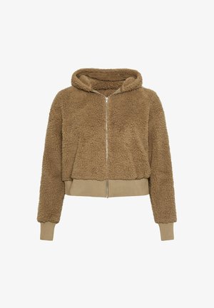 Bruine, korte, zip-up hoodie gemaakt van zachte nepbont met een capuchon en ribgebreide mouwen en onderkant. Heeft een soepele ritssluiting.