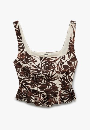 Bruine en crèmekleurige mouwloze top van stof, met een peplumzoom en een tropisch bladenpatroon. Vierkante halslijn en brede bandjes.