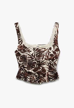 Bruine en crèmekleurige mouwloze top van stof, met een peplumzoom en een tropisch bladenpatroon. Vierkante halslijn en brede bandjes.