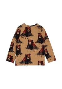 Langärmliges Hemd aus beigem Stoff mit einem wiederholten Bärenmuster in Dunkelbraun, verziert mit Gras- und Spritzdetails.