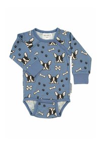 Långärmad baby bodysuit i blå bomull med ett mönster av hundansikten och ben, med tryckknappar vid axlarna och i botten.