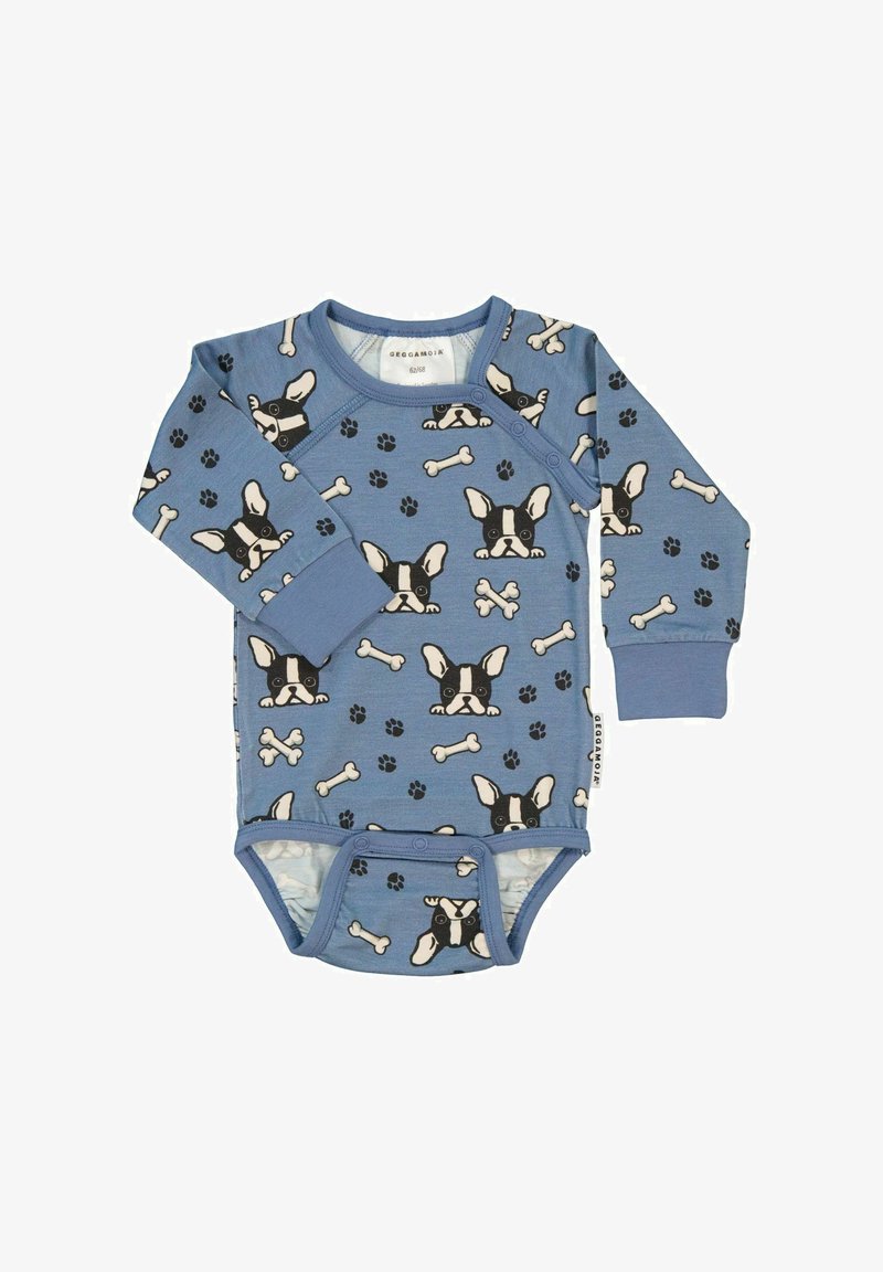 Långärmad baby bodysuit i blå bomull med ett mönster av hundansikten och ben, med tryckknappar vid axlarna och i botten.
