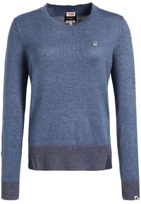 Blauer Pullover aus Strickmaterial, mit rundem Ausschnitt, langen Ärmeln, geripptem Saum an den Ärmeln und am Saum sowie einem kleinen Logo auf der Brust.