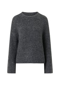 Kulfarvet strikket sweater med lange ærmer, ribbet tekstur og rund halsudskæring. Har en afslappet pasform og ingen synlige lukninger.