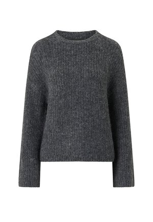 Charcoal gray knitted sweater with long sleeves, ribbed texture, and crew neck design. Features a relaxed fit and no visible fastenings.