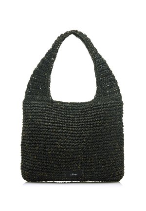 Bolso negro trenzado con un acabado texturizado, que presenta un asa redondeada y sutiles acentos dorados. Forma compacta y rectangular con una base plana.