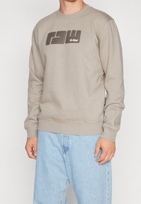 Felpa beige con collo a giro, polsini e bordo a coste. Sul davanti appare un logo "RAW G-Star" grigio scuro. Tessuto morbido.