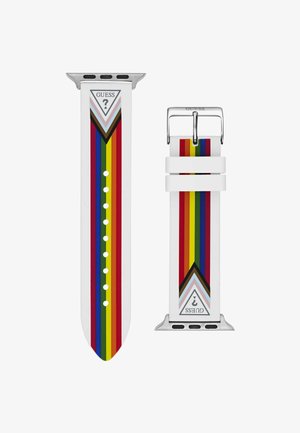 Biała gumowa bransoleta do zegarka z wielokolorowymi pionowymi paskami (czerwonym, żółtym, niebieskim) i srebrną klamrą; zawiera trójkątne logo z detalami.