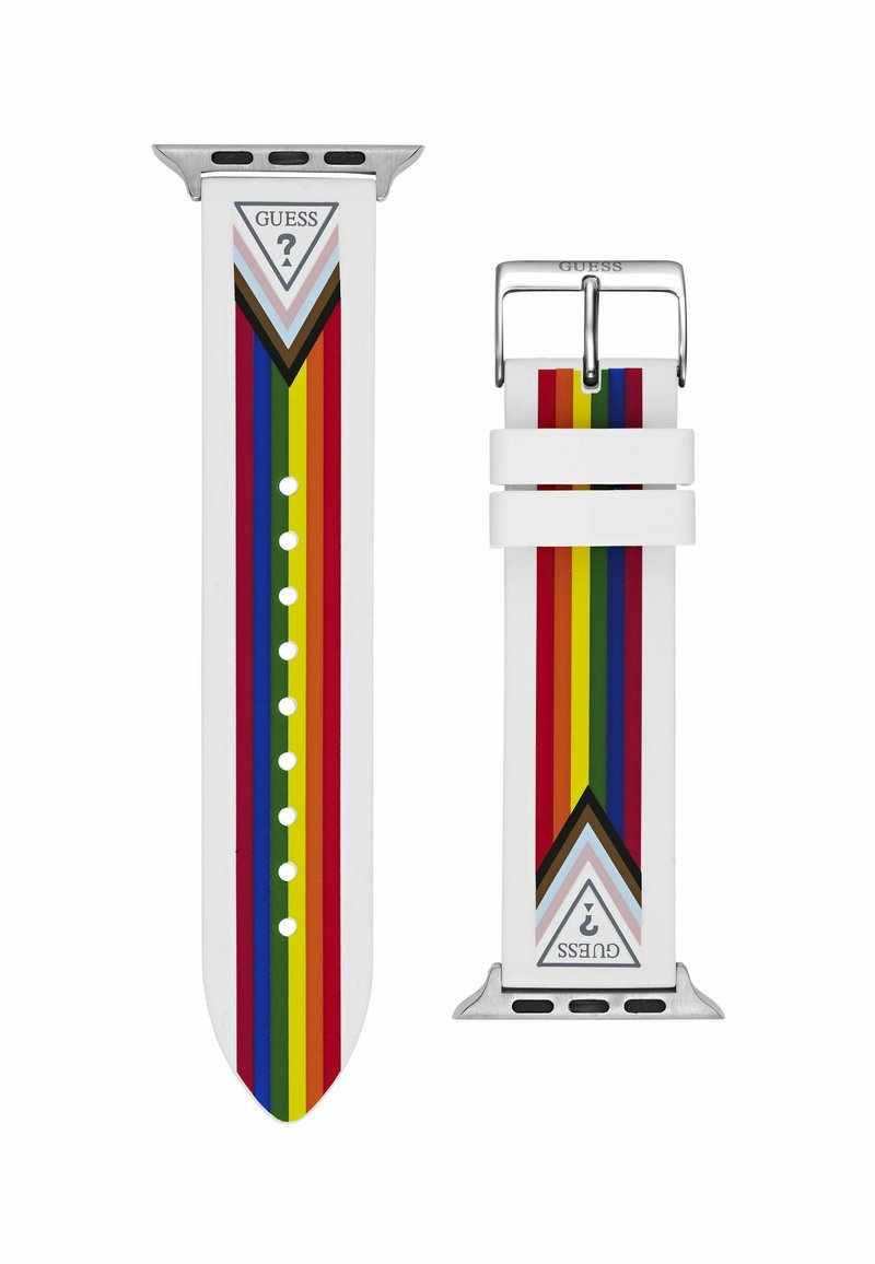 Biała gumowa bransoleta do zegarka z wielokolorowymi pionowymi paskami (czerwonym, żółtym, niebieskim) i srebrną klamrą; zawiera trójkątne logo z detalami.