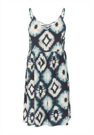Abito senza maniche con scollatura a V, caratterizzato da un motivo a diamante a righe blu e bianche su sfondo blu navy. Realizzato in tessuto leggero, design plissettato.