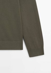 Strickpullover in Olivgrün mit gerippten Bündchen und Saum. Texturierter Stoff mit glatter Oberfläche, der ein einfaches, elegantes Design aufweist.