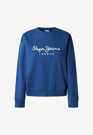 Zils kokvilnas džemperis ar ribotu apaļu kakla izgriezumu un manžetēm, priekšpusē ar baltā krāsā uzrakstītu "Pepe Jeans" un "LONDON".
