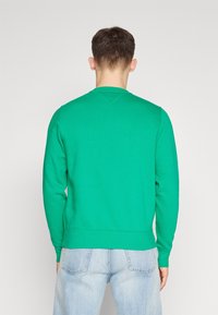 Felpa verde con collo a giro, maniche lunghe e polsini a coste. Tessuto liscio. Indossata con jeans azzurri, mostrando la vista posteriore.