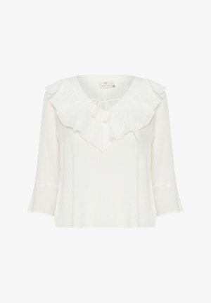 Weißes Oberteil mit rüschigem Kragen und Bindeschluss. Verfügt über Dreiviertel-Glockenärmel und ein strukturiertes Stoffdesign.