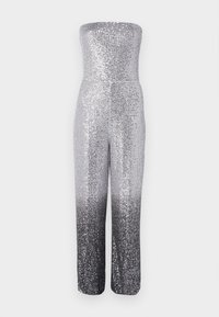 Sølv paljettdress med stroppeløs design, som har en gradienteffekt fra sølv til svart, rett benform og teksturert overflate.