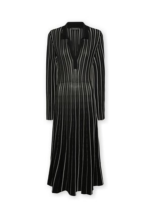 Schwarzes Kleid mit langen Ärmeln, Kragen und V-Ausschnitt, ausgestattet mit vertikalen weißen Streifen und einem ausgestellten Saum. Hergestellt aus einem glatten Stoff.