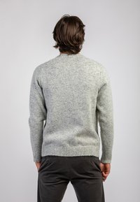 Maglione a maglia grigio chiaro con colletto rotondo, polsini e orlo a costine. Il tessuto sembra morbido con una finitura testurizzata. Modella che indossa pantaloni scuri.