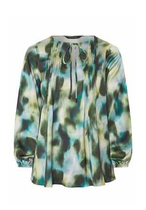 Blouse met lange mouwen in abstracte print van groen, blauw en zwart, ronde halslijn, strikdetail en geplooide elastische manchetten.