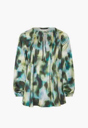 Blouse met lange mouwen in abstracte print van groen, blauw en zwart, ronde halslijn, strikdetail en geplooide elastische manchetten.
