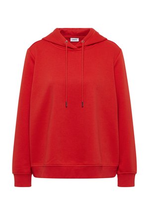 Roter Kapuzenpullover mit weicher Textur, ausgestattet mit einer vorderen Kängurutasche, verstellbaren Kordeln sowie ribbed Ärmeln und Saum.