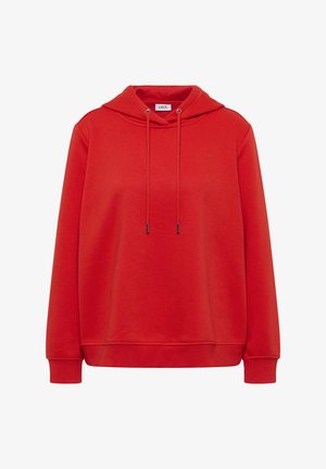Rood hoodie met een zachte textuur, voorzien van een voorzak in kangoeroestijl, verstelbare koordjes en ribgebreide manchetten en onderkant.