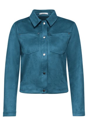Teal ruskindjakke med krave, to brystlommer og knaplukning. Udstyret med sølvfarvede detaljer og en blød tekstur.