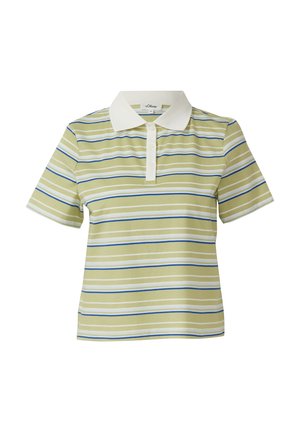 Koszulka polo z krótkim rękawem w zielono-biało-niebieskie poziome paski, z białym kołnierzykiem i plisą na guziki.