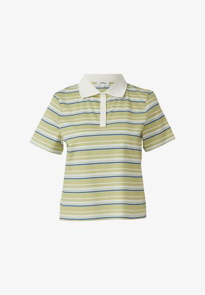 Polo a maniche corte con strisce orizzontali verdi, bianche e blu e colletto e patta bianca con bottoni.