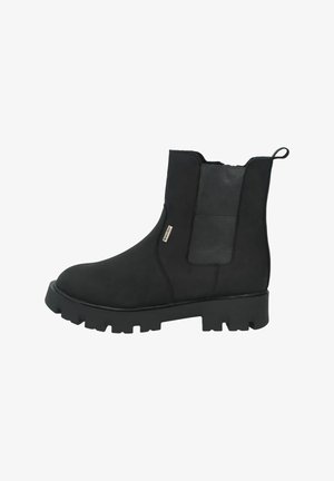 Black ankle boots with a rounded toe, elastic side panels, textured suede material, and a chunky, ridged rubber outsole.