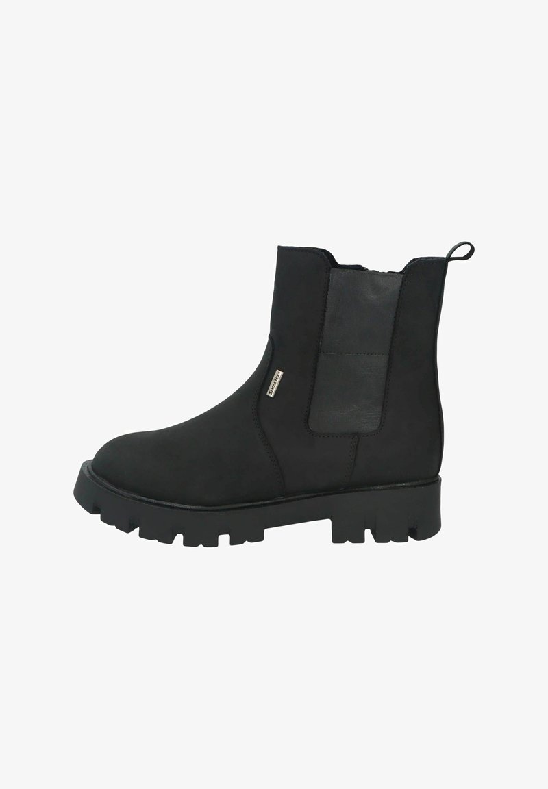 Black ankle boots with a rounded toe, elastic side panels, textured suede material, and a chunky, ridged rubber outsole.