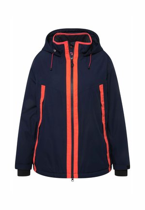 Námořnická modrá bunda s jasně oranžovými akcenty, obsahující kapuci, přední zip a elastické manžety pro pohodlné nošení. Hladká, vodoodpudivá tkanina.