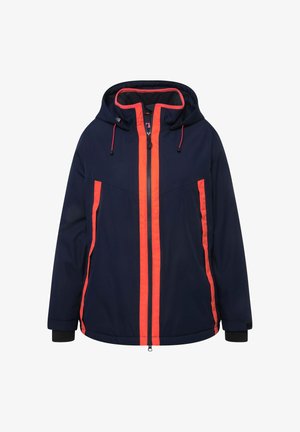 Námořnická modrá bunda s jasně oranžovými akcenty, obsahující kapuci, přední zip a elastické manžety pro pohodlné nošení. Hladká, vodoodpudivá tkanina.