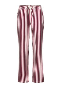 Rood-witte gestreepte broek van zachte stof, met een elastische tailleband en een trekkoord, en een uitlopende pijpdesign.