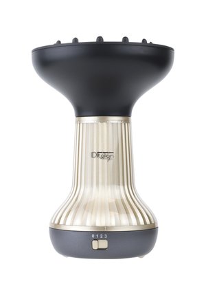 Afeitadora eléctrica de mano para telas con cabeza negra y cuerpo acanalado beige que cuenta con un interruptor de potencia de cuatro niveles en la base.
