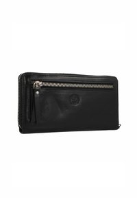 Portefeuille en cuir noir avec une texture lisse, comportant un compartiment zippé et un logo en relief subtil à l'avant. Forme rectangulaire.