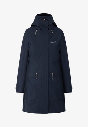 Veste imperméable bleu marine avec capuche, dotée de deux poches zippées et de poignets ajustables. Tissu léger avec une texture lisse.