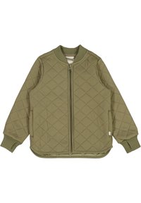 Olijfgroene verstevigde jas met een geribbelde kraag, lange mouwen en een rits aan de voorkant. Voorzien van ruitjesstiksel en elastische manchetten.