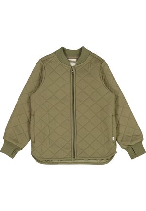Olijfgroene verstevigde jas met een geribbelde kraag, lange mouwen en een rits aan de voorkant. Voorzien van ruitjesstiksel en elastische manchetten.