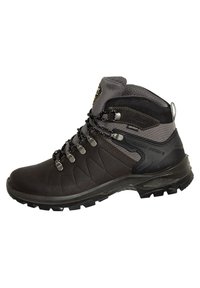 Braune und graue High-Top-Wanderschuhe mit strukturierter Oberfläche, Schnürdesign und einer robusten Gummisohle für Traktion und Langlebigkeit.