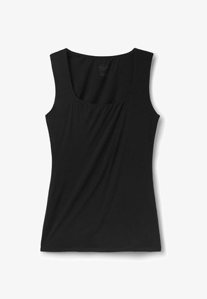 Zwarte mouwloze tanktop met een vierkante halslijn, gemaakt van zachte stof, met geplooide details aan de voorkant en een rechte zoom.