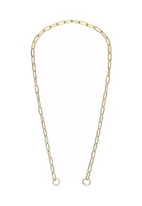 Gouden ketting met een schakelsysteem van langere schakelletjes en ronde ringogen aan beide uiteinden. Gladde textuur en een uniform ontwerp.
