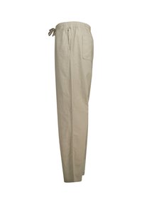 Vaaleanbeige pellavapanssarit, joissa on rento istuvuus. Sarjassa on joustava vyötärö, jossa on kiristysnauha, sekä yksi takatasku. Silkkinen pinta ja suora lahjekuvio.