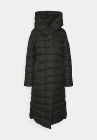 Long, black puffer coat with a hood, featuring a quilted pattern and spacious, wide sleeves. The design has a straight silhouette.