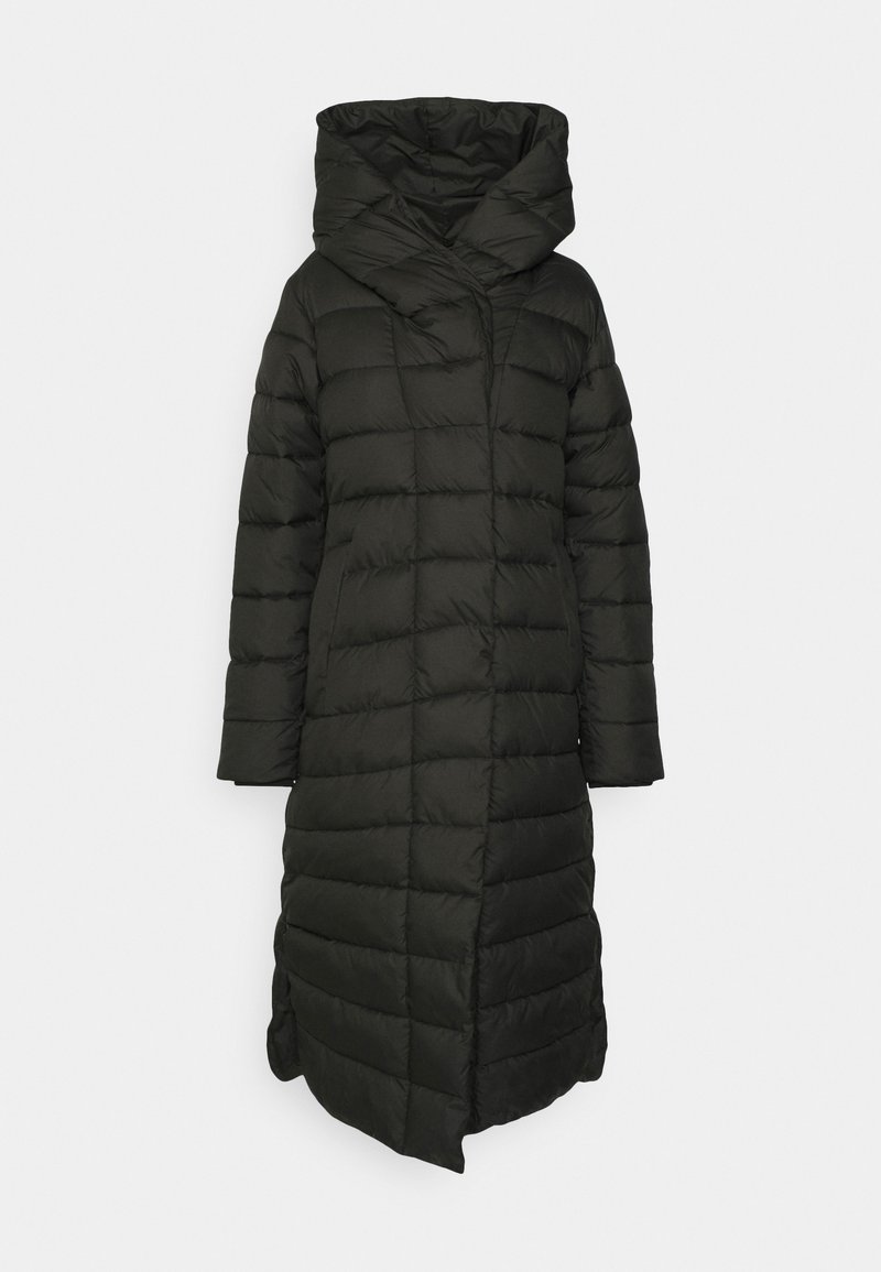 Long, black puffer coat with a hood, featuring a quilted pattern and spacious, wide sleeves. The design has a straight silhouette.