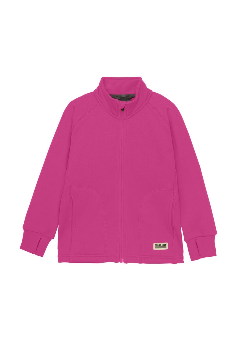 Veste en polaire de couleur rose vif, avec un col montant, une fermeture éclair à l'avant et deux poches latérales. Texture lisse avec des poignets côtelés et une étiquette de logo.