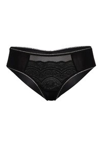 Perizoma in pizzo nero con un pannello anteriore trasparente, dettagli in pizzo a forma di conchiglia e rifiniture decorative. Presenta una forma classica a slip e un tessuto morbido.