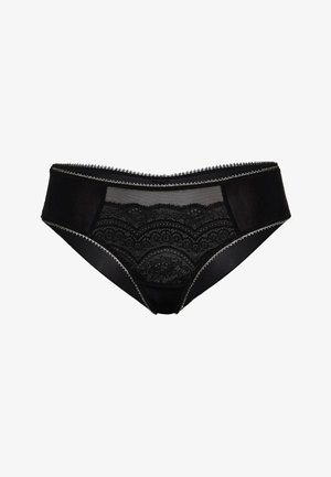 Perizoma in pizzo nero con un pannello anteriore trasparente, dettagli in pizzo a forma di conchiglia e rifiniture decorative. Presenta una forma classica a slip e un tessuto morbido.