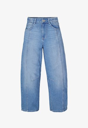 Lichtblauwe denim wijde broekspijpen met een hoge taille, voorzien van zakken aan de voorkant en subtiele stiksel details aan de zijkanten.