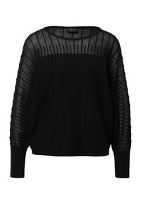 Maglione nero con corpo a coste e maniche trasparenti e strutturate con linee verticali. Scollo rotondo e maniche lunghe. Tessuto morbido.